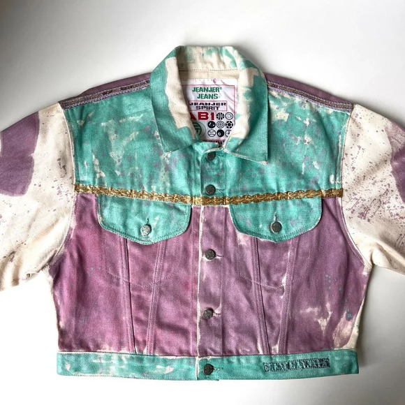 Vintage OOAK 80s Jeanjer Jeans Hand Painted Cropped Denim Trucker Jacket Medium - Picture 5 of 8
